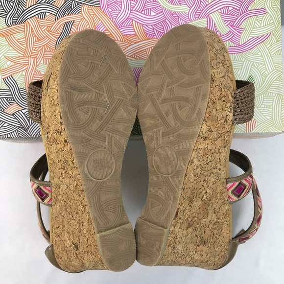 The Sak Wedge Sandal Cork Sz 8.5 Pink Aztec Embroidery Strap Crochet - Picture 8 of 12
